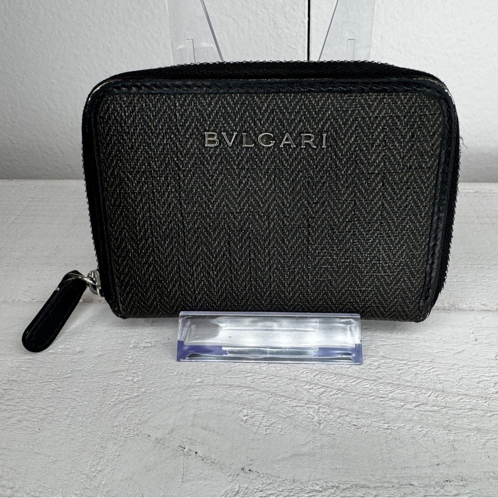 Bvlgari Zip Around Compact Wallet Black Monogram Canvas